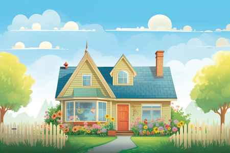 a side gable cape cod house overlooking a meadow, magazine style illustrationの素材