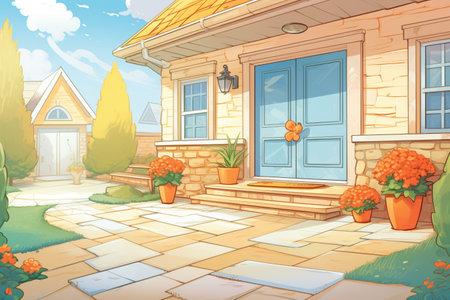 entrance of a cape cod home with flagstone walkway to porch, magazine style illustrationの素材