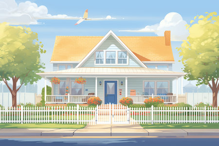 an elegant cape cod house with spacious porch and white picket fence, magazine style illustrationの素材