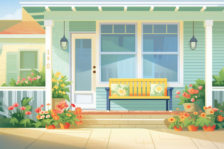 cape cod house porch with window flower boxes, magazine style illustrationの素材