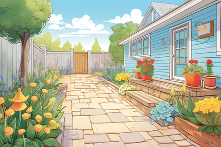 front porch view of a stone pathway in a cape cod garden, magazine style illustrationの素材