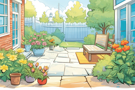 front porch view of a stone pathway in a cape cod garden, magazine style illustrationの素材