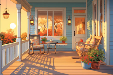 front porch of a cape cod home lit by sunset, magazine style illustrationの素材