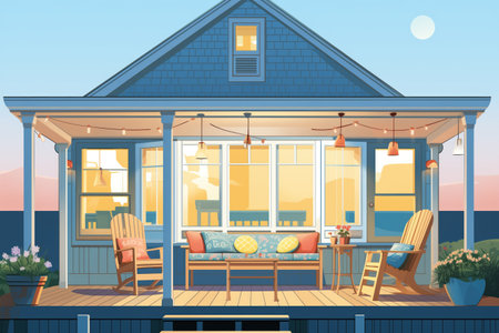 cape cod house at dusk, featuring a lit porch with seating area, magazine style illustrationの素材