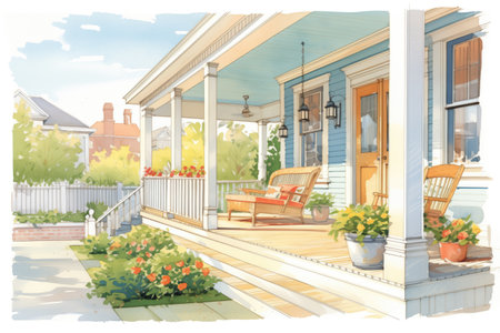 porch pillars of a distinctive cape cod home, magazine style illustrationの素材