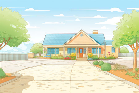 gravel driveway leading to a cape cod house with a wide porch, magazine style illustrationの素材
