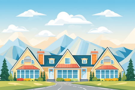 cape cod with a row of dormers against a mountain backdrop, magazine style illustrationの素材