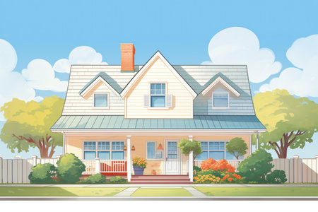 angled shot of a cape cod style home with twin dormers, magazine style illustrationの素材