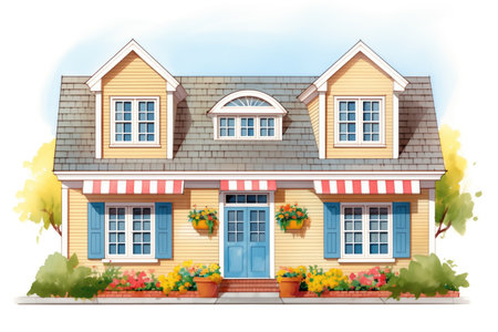 twin dormers on cape cod house with matching shutters, magazine style illustrationの素材