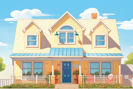 close-up of a sunny cape cod house with twin dormers, magazine style illustrationの素材