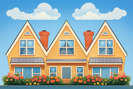symmetrical dormers on a cape cod home against blue sky, magazine style illustrationの素材