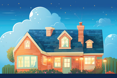 cape cod with gabled dormers against a clear night sky, magazine style illustrationの素材