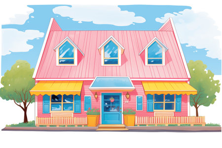 bright pink cape cod with double dormers and a blue roof, magazine style illustrationの素材