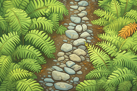 close-up of pebbled route crossing a lush fern forestの素材
