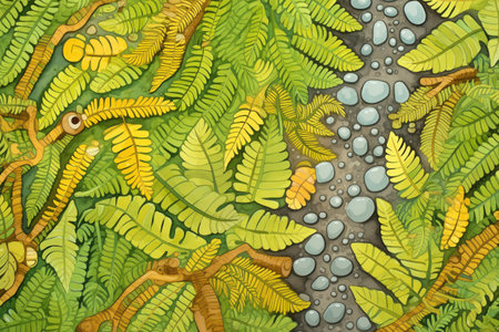 close-up of pebbled route crossing a lush fern forestの素材