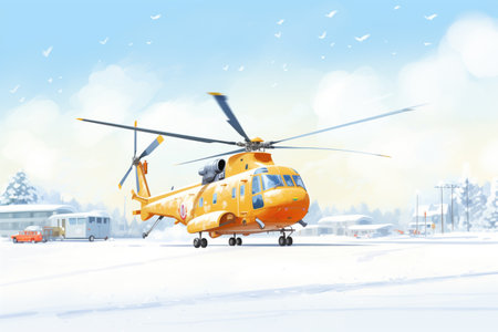 civilian helicopter taking off from a snowy runwayの素材