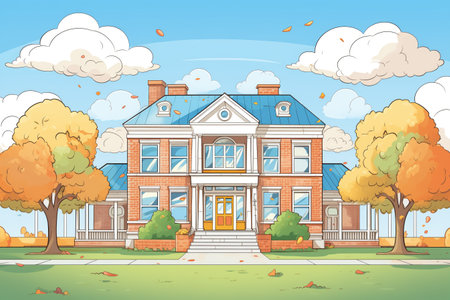 wide shot of a colonial revival mansion focusing on a distinctive fanlight, magazine style illustrationの素材