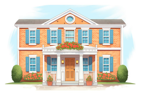 colonial house with wood paneled central front door, magazine style illustrationの素材