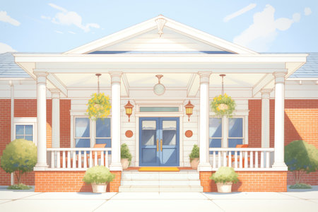 imposing white columns supporting a porch with a central front door, magazine style illustrationの素材