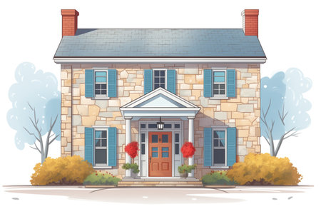 stone colonial home with a wide, mahogany front door, magazine style illustrationの素材