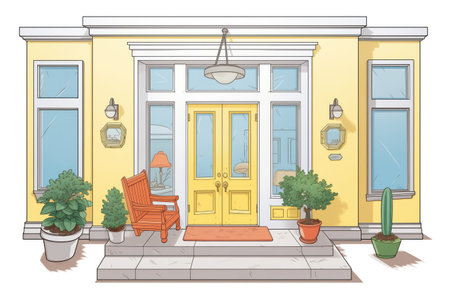 central front door of a yellow colonial house with white trim, magazine style illustrationの素材