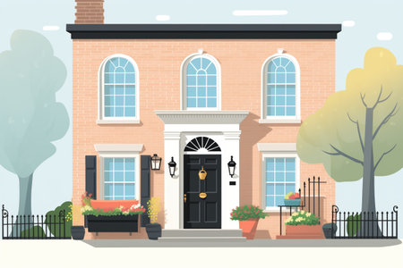 off white colonial residence with a contrasting black door, magazine style illustrationの素材