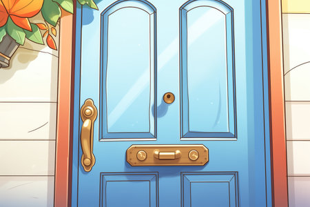 close-up shot of a colonial-style central front door with brass handle, magazine style illustrationの素材