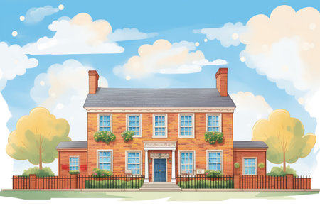 full shot of a colonial brick house with a blue sky backdrop, magazine style illustrationの素材