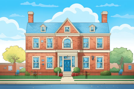 full shot of a colonial brick house with a blue sky backdrop, magazine style illustrationの素材