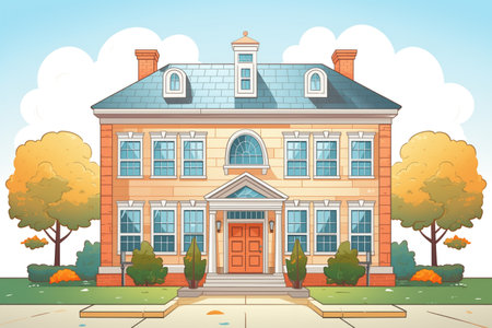 symmetrical shot of a colonial house with a central front door, magazine style illustrationの素材