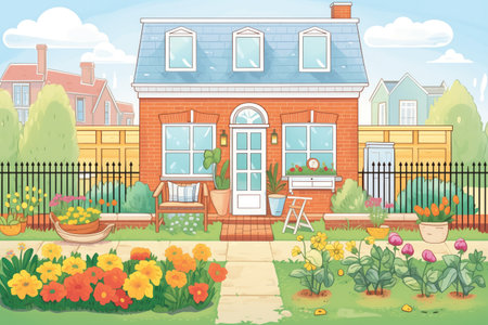 lush flowerbed at the front of a colonial brick house, magazine style illustrationの素材