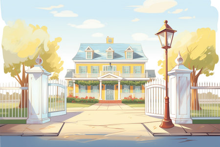 colonial house with lamp posts at front gate, magazine style illustrationの素材