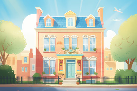 straight-on shot of colonial house under bright sunlight, magazine style illustrationの素材