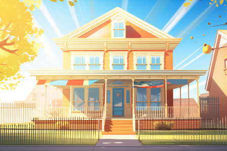straight-on shot of colonial house under bright sunlight, magazine style illustrationの素材