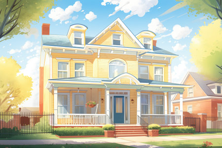 straight-on shot of colonial house under bright sunlight, magazine style illustrationの素材