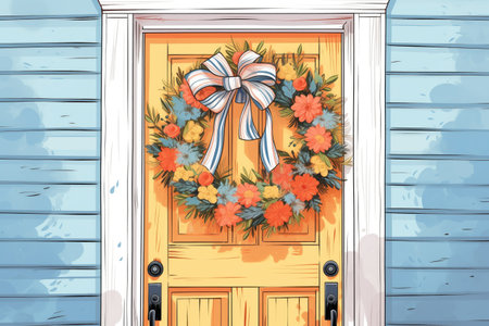 wreath hanging on colonial front door, magazine style illustrationの素材