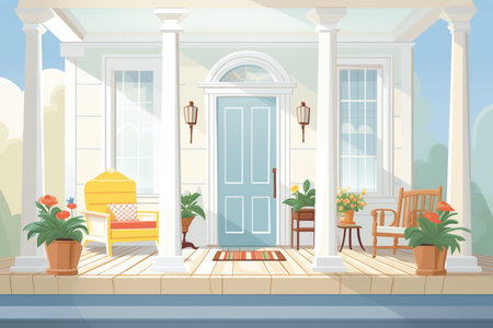 colonial house porch supported by white pillars, magazine style illustrationの素材