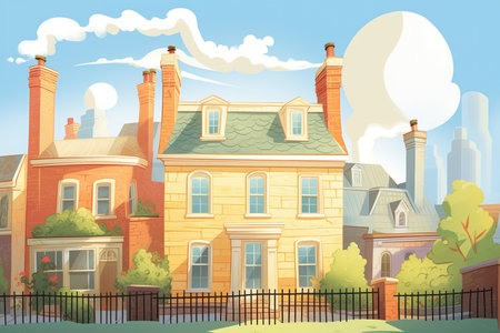 sunny day, shadows stretching from a colonial houses dual chimneys, magazine style illustrationの素材