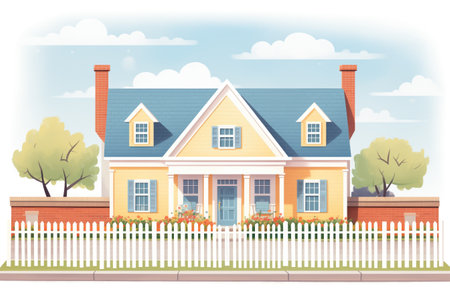 colonial house with dual chimneys with a white picket fence, magazine style illustrationの素材
