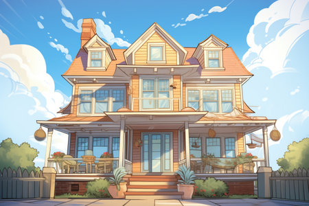low-angle shot of a colonial with double side porches, magazine style illustrationの素材