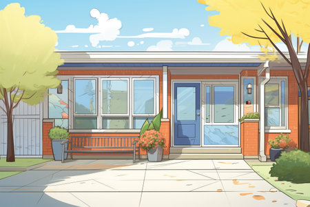 view from the sidewalk showcasing the side porch and main door, magazine style illustrationの素材