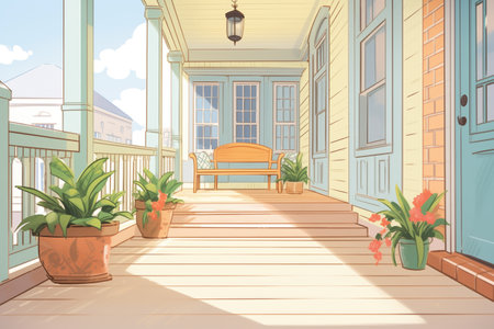 the colonial houseè¢Âs side porch, with selective focus on the steps leading onto it, magazine style illustrationの素材