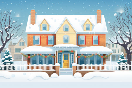 winter shot of a colonial house with side porches covered in snow, magazine style illustrationの素材