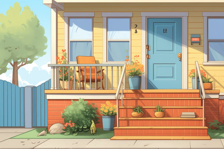 closeup of side porch steps with house facade in the background, magazine style illustrationの素材