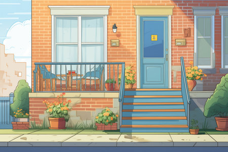 closeup of side porch steps with house facade in the background, magazine style illustrationの素材