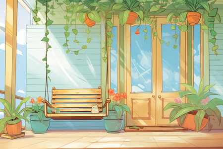 picture of the side porch with hanging vines and verdant background, magazine style illustrationの素材