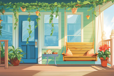 picture of the side porch with hanging vines and verdant background, magazine style illustrationの素材