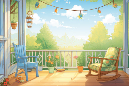 view overlooking a lush garden from the side porch, magazine style illustrationの素材