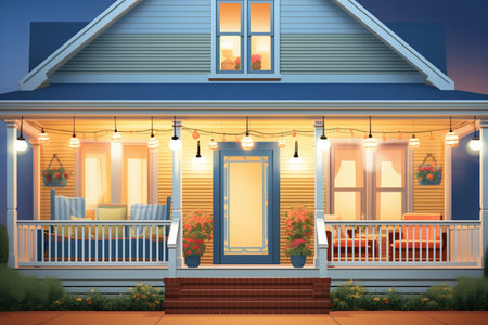 evening shot of a colonial house with lit side porch lanterns, magazine style illustrationの素材