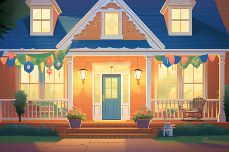 evening shot of a colonial house with lit side porch lanterns, magazine style illustrationの素材